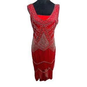 Red Ladies 1920s Roaring 20s Flapper Gatsby Costume Sequins Outfit Dress Medium